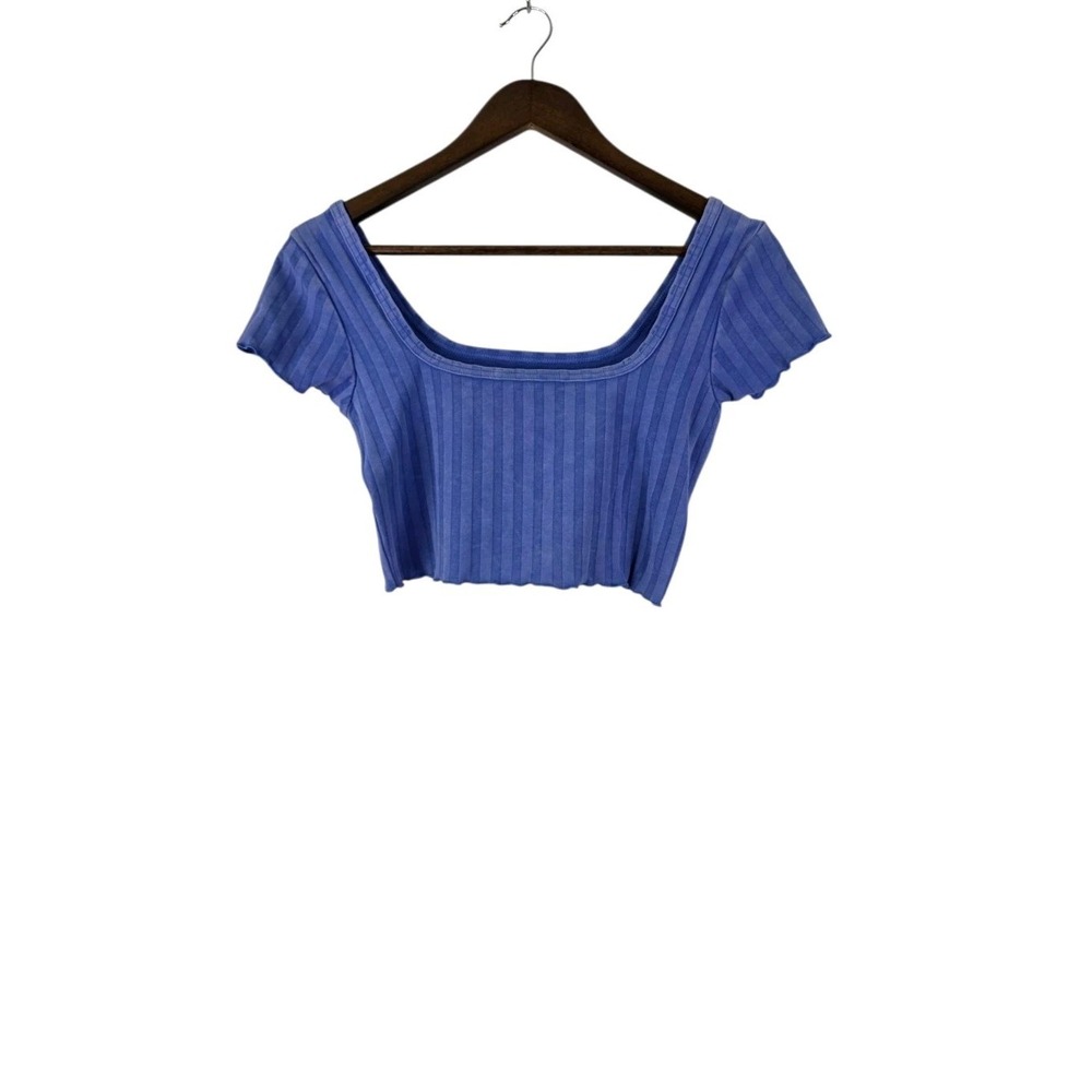 Aerie OFFLINE Small Crop Top Blue Short Sleeve Lettuce Trim Ribbed Square Neck